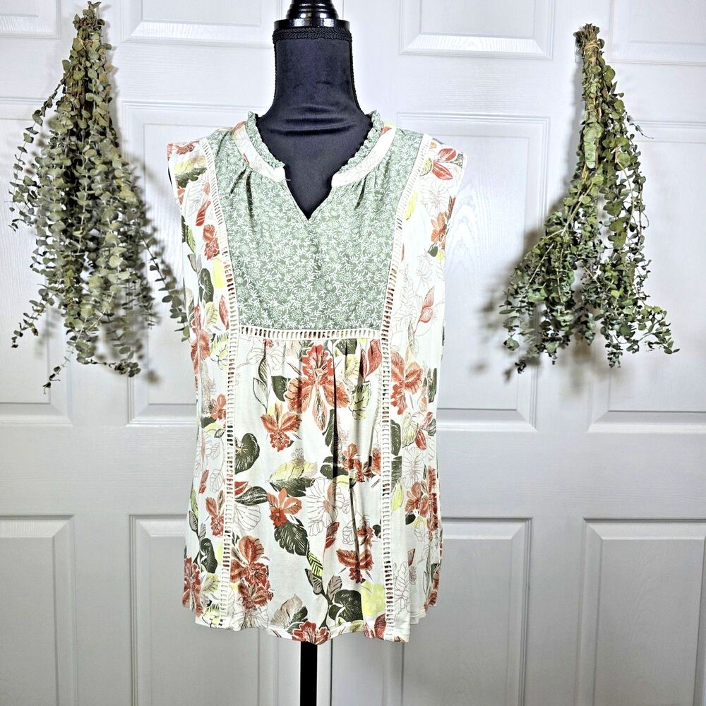 My Danielle Womens Large Floral Sleeveless Blouse Green Cream Mixed Print Boho